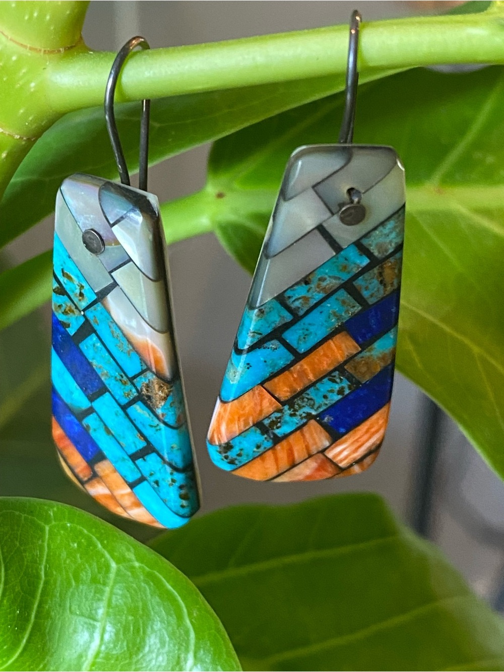 Artisan Turquoise, Blue & Orange Inlay Drop Earrings